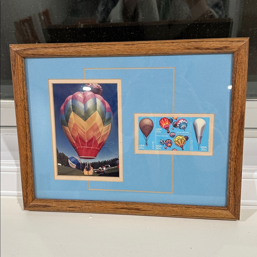 Vintage Hot Air Balloon Art wall hanging of stamps and photo in Brown Wood Frame
